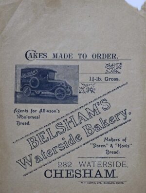 Belsham's Waterside Bakery store details printed on a brown material