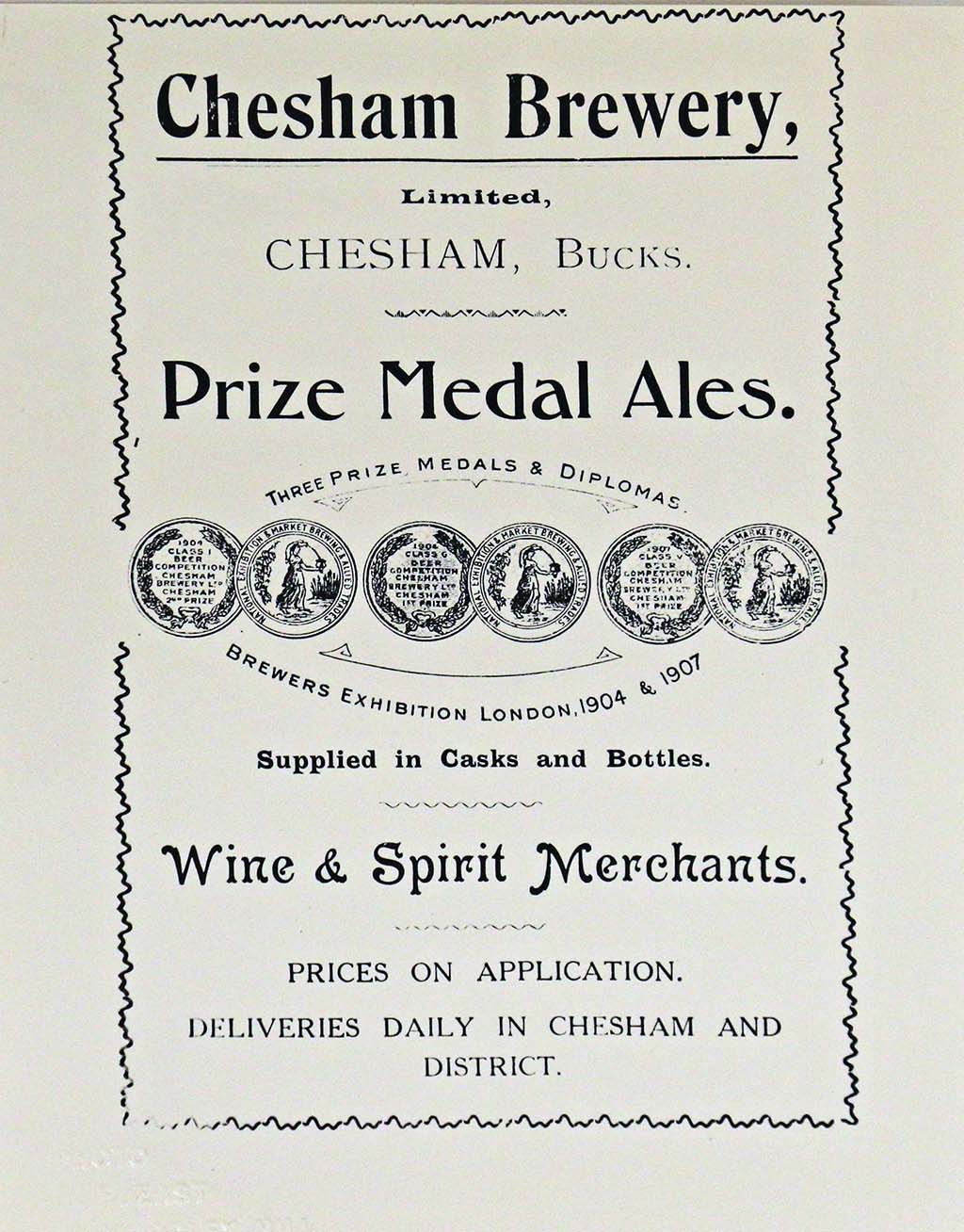 Advertisement for Chesham Brewery prize medal ales, wine and spirits merchants.