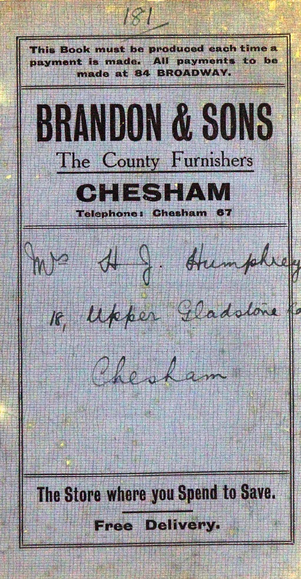 Brandon & Sons The County Furnishers with handwritten name and address of Mrs Humphrey, 18 Upper Gladstone Rd