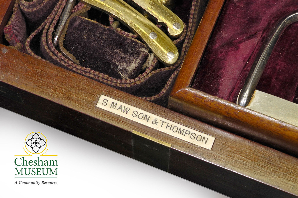 Close up of equipment box that has a label which says 'S Maw Son % Thompson'