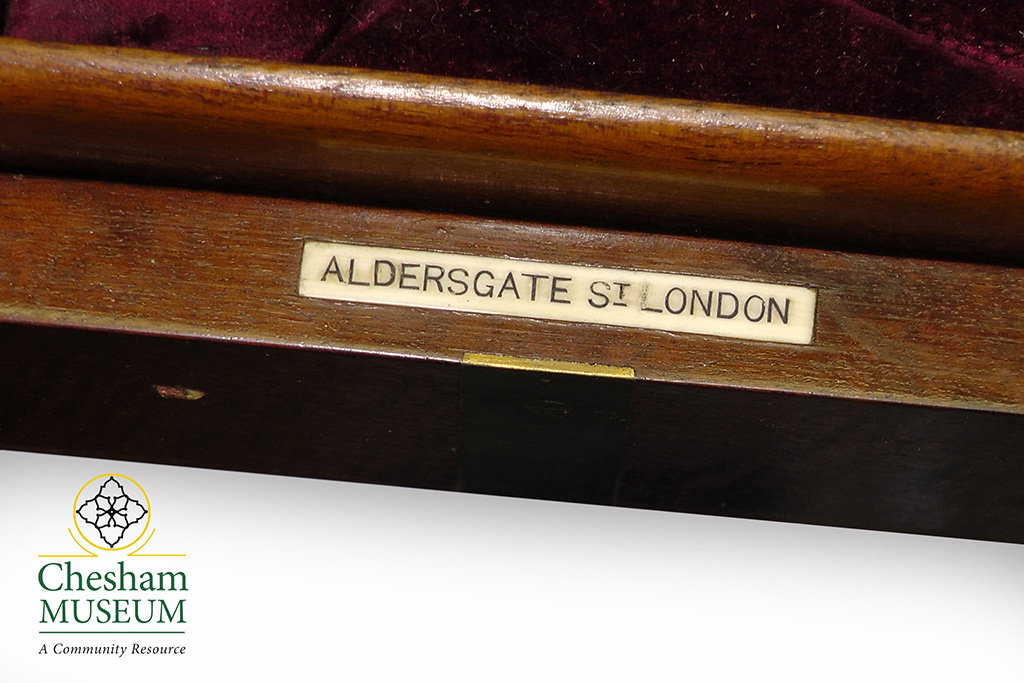Close up of surgeon's box displaying a label that says Aldersgate St London
