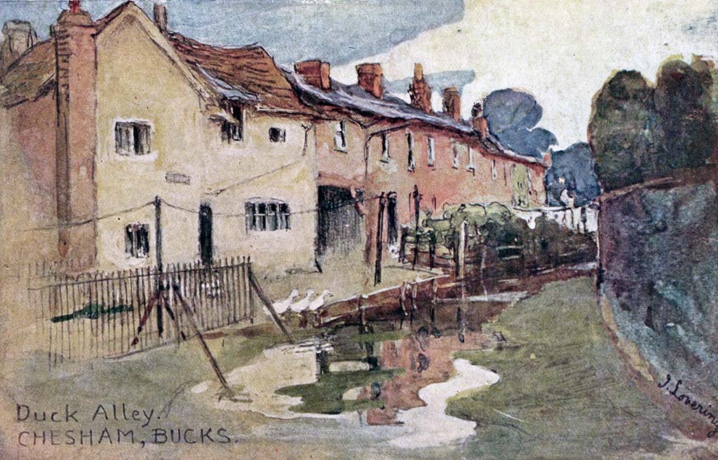 Duck Alley Chesham - postcard of a row of houses opposite a body of water