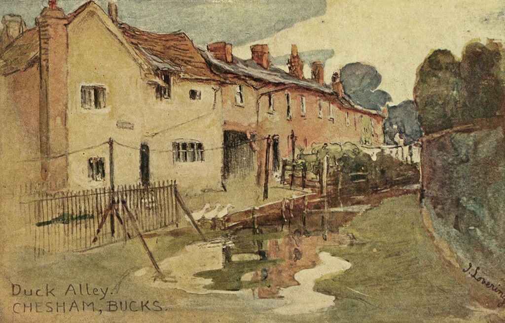 Postcard of Duck Alley Chesham showing houses next to a river