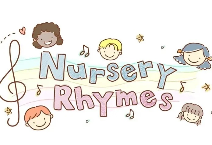 A sketch with the words nursery rhymes on a treble clef with childrens faces and musical notes in the background