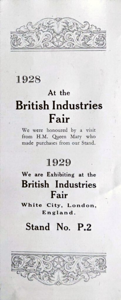 a 1929 British Industries Fair flyer advertising Stand No. P.2 at White City, London