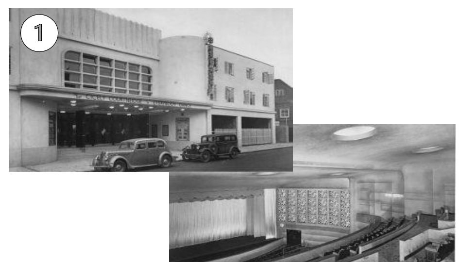 Black and white photo of the exterior and interior of a cinema