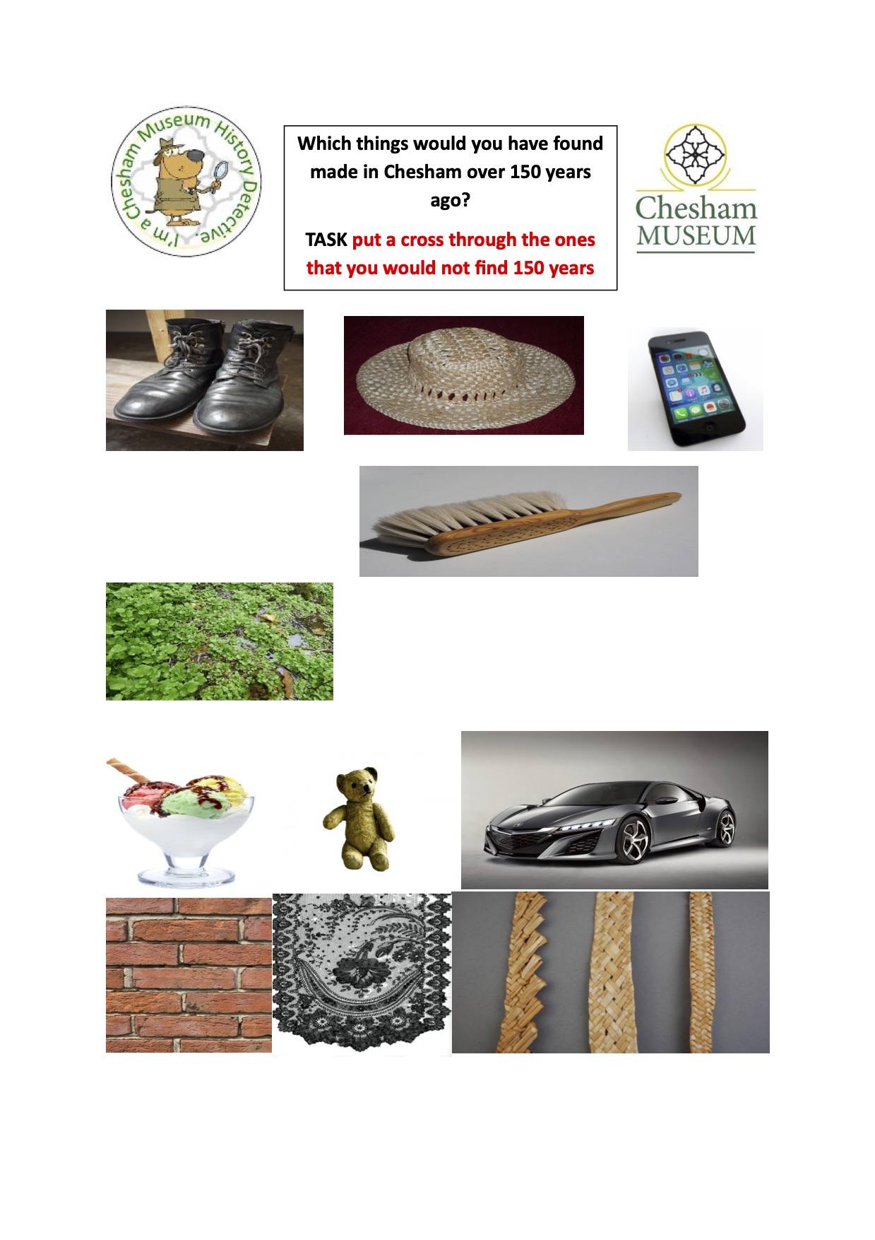School worksheet showing images of items that might have been made in Chesham 150 years ago