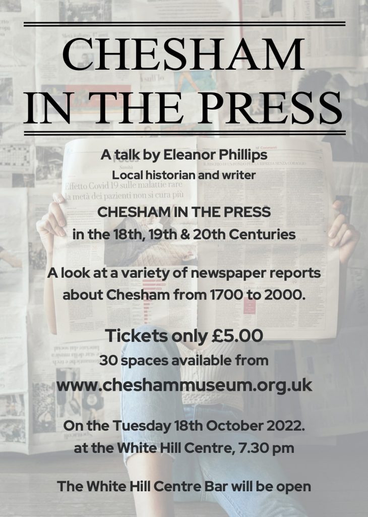 A poster for the event Chesham in the press with details about the event, such as date, time and venue