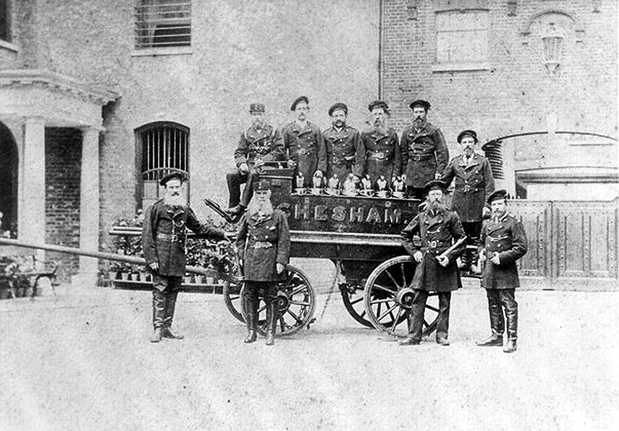 Chesham’s Fire Brigade and horse drawn pump, photographed by the porch of the Bury in ‘Old Chesham’.