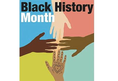 4 hands touching with Black History Month on a four-coloured background