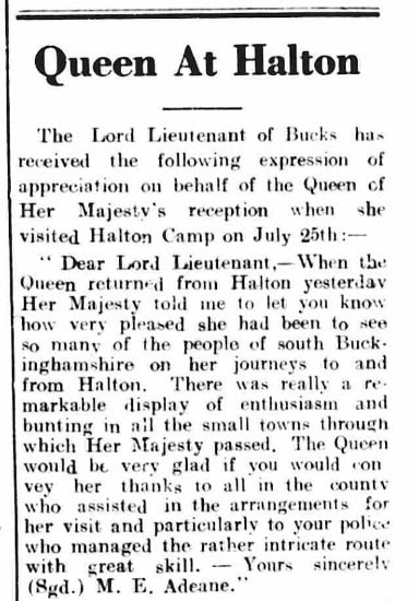 Newspaper excerpt with the title "Queen at Halton"