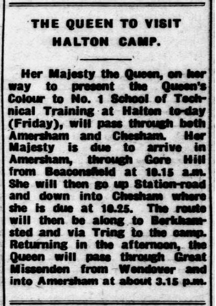 Newspaper excerpt with the title "The Queen to visit Halton Camp"