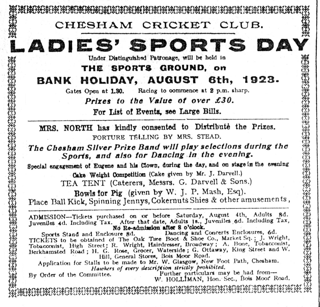 A ladies sports day advertisement for 6 August 1923