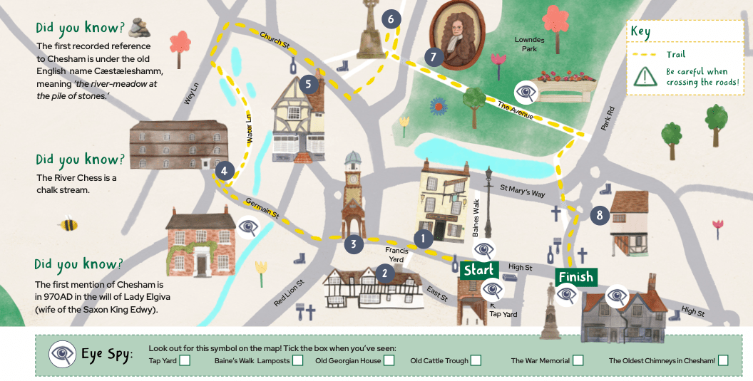 Part of a Chesham trail resource showing landmarks in Chesham, a route to walk and did you know information