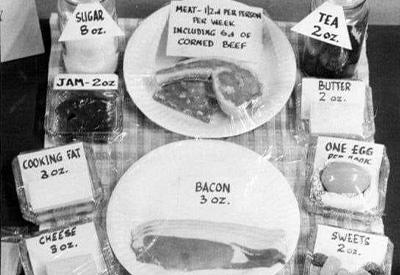 Various food items labelled with the rationed amount