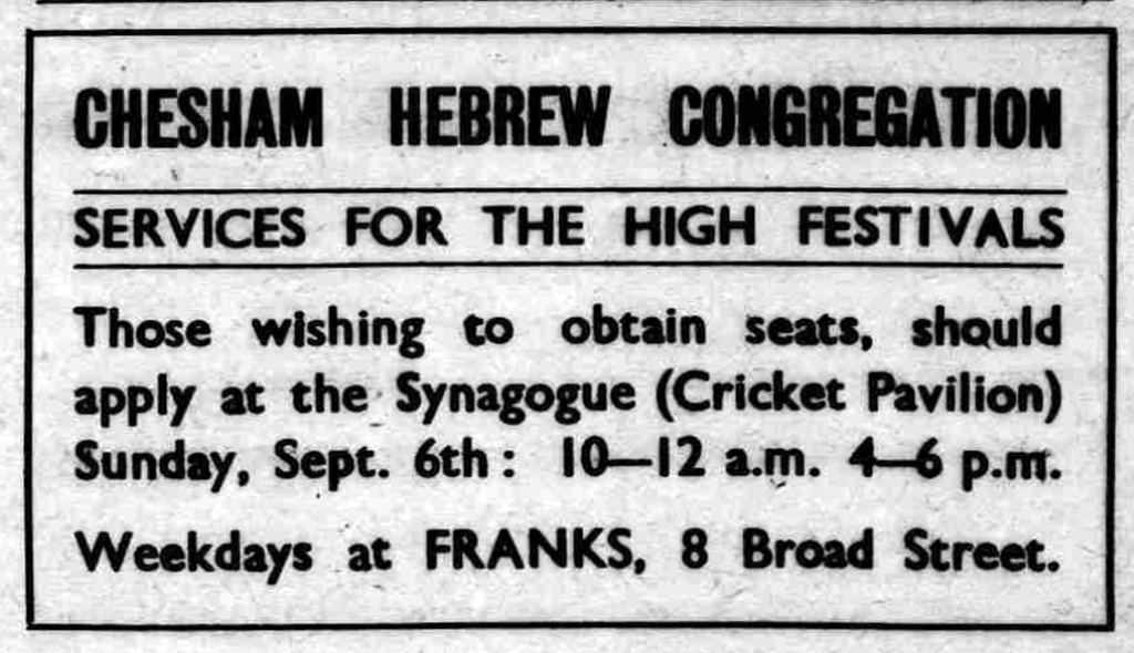 Advertisement for Chesham Hebrew Congregation from 1942