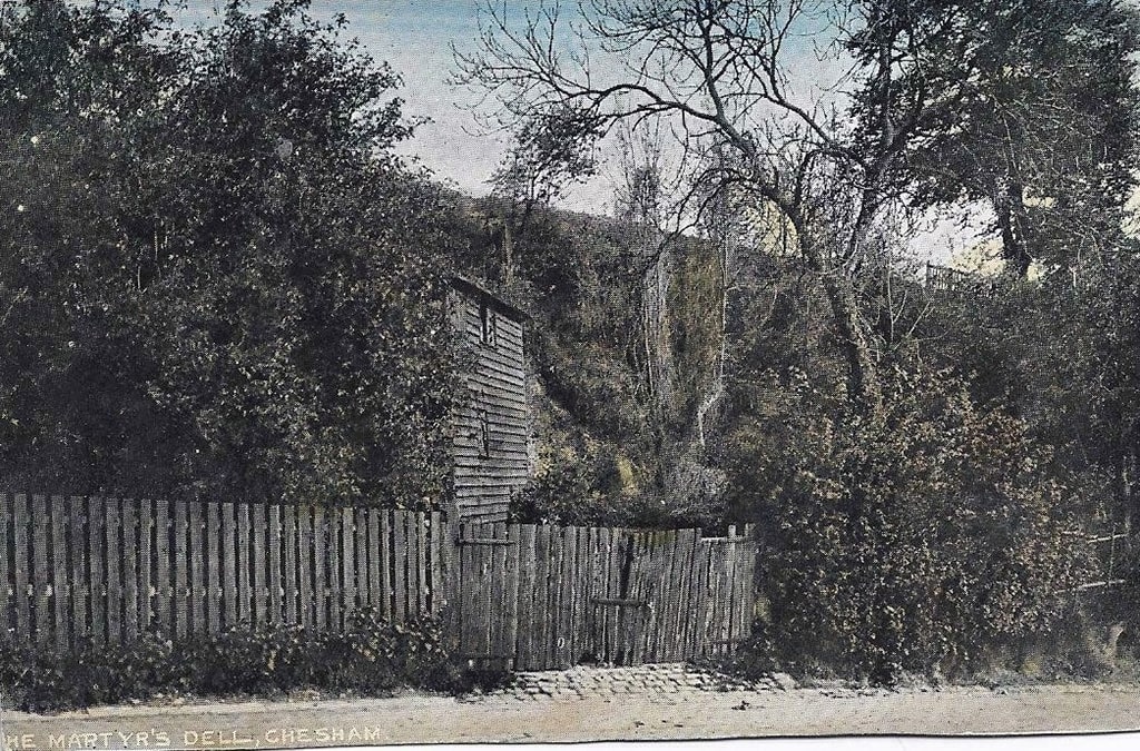 An image of a house obscured by trees and a fence with The Martyr's Dell, Chesham at the bottom