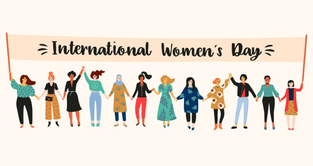 Illustration showing women holding a banner that says International Women's Day