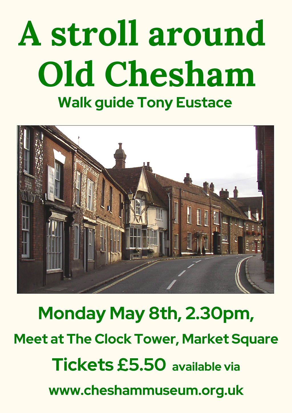 Poster showing a stroll around old Chesham and a photo of a street in Chesham