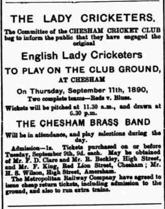 Advertisement for the Lady Cricketers to play on Chesham Club Ground on Thursday 11 September 1890. Reds vs Blues