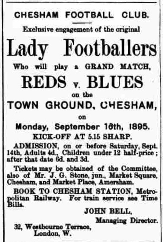 Advertisement for Lady Footballers who will play a grand match Reds v Blues in Chesham, 16 September 1895