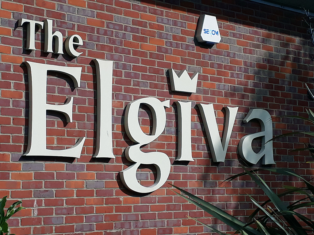 Close up photo of The Elgiva signage on the theatre's exterior wall