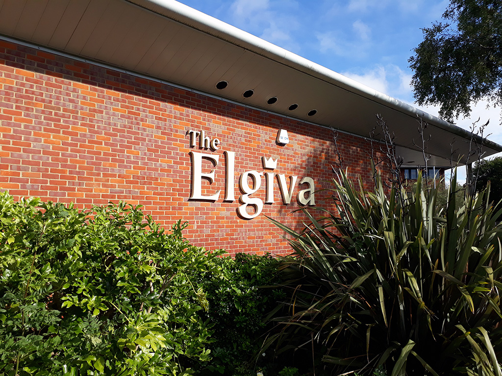 Photo of the side of the Elgiva theatre. The signage reads: The Elgiva