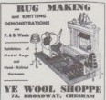A print advertisement showing 'rug making and knitting demonstrations' at Ye Wool Shoppe, 72 Broadway, Chesham