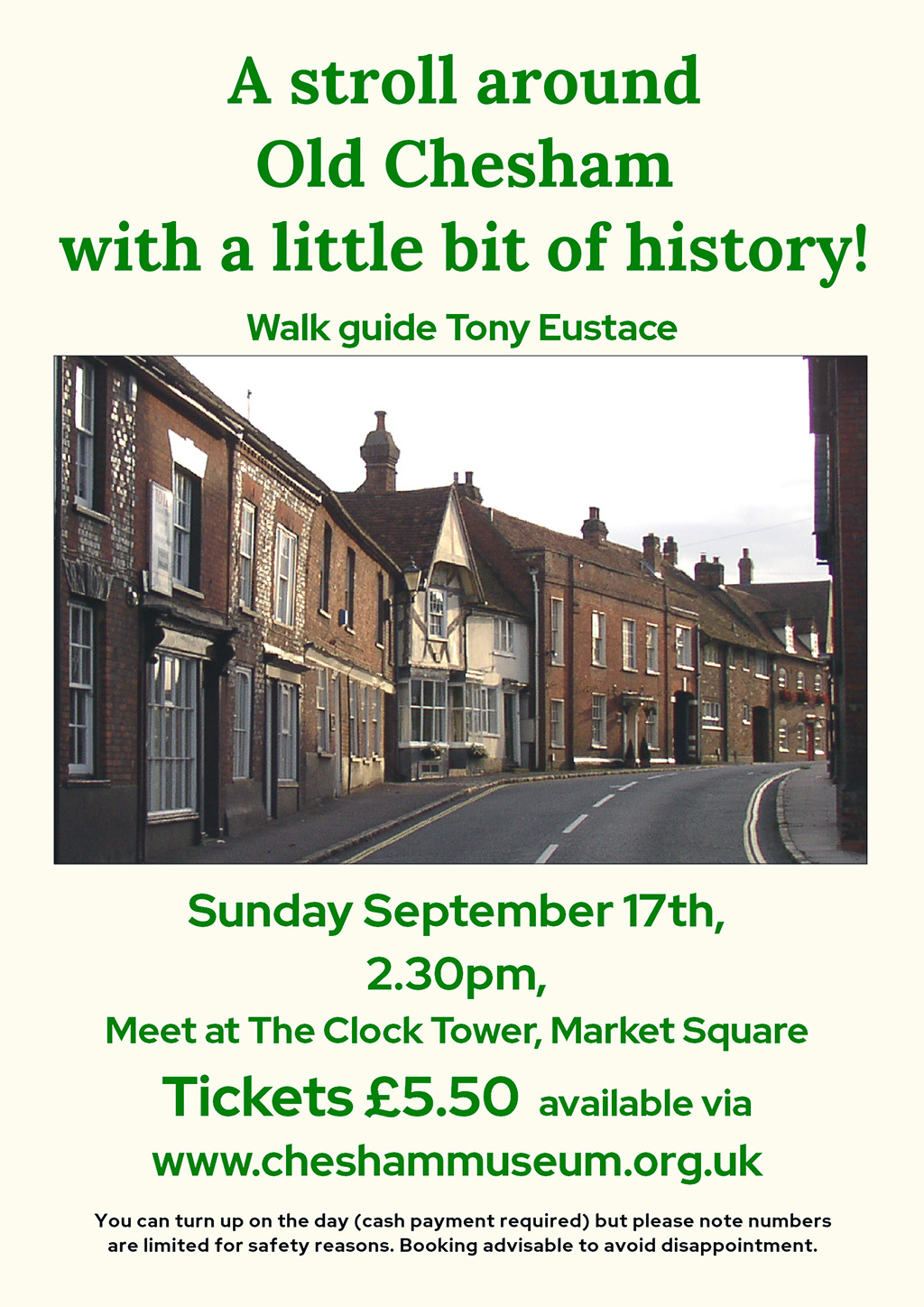 Poster showing the event A stroll around old Chesham with a little bit of history. There is an image of Old Chesham buildings and information on the event date 17 September 2.30pm meet at Clock Tower tickets £5.50