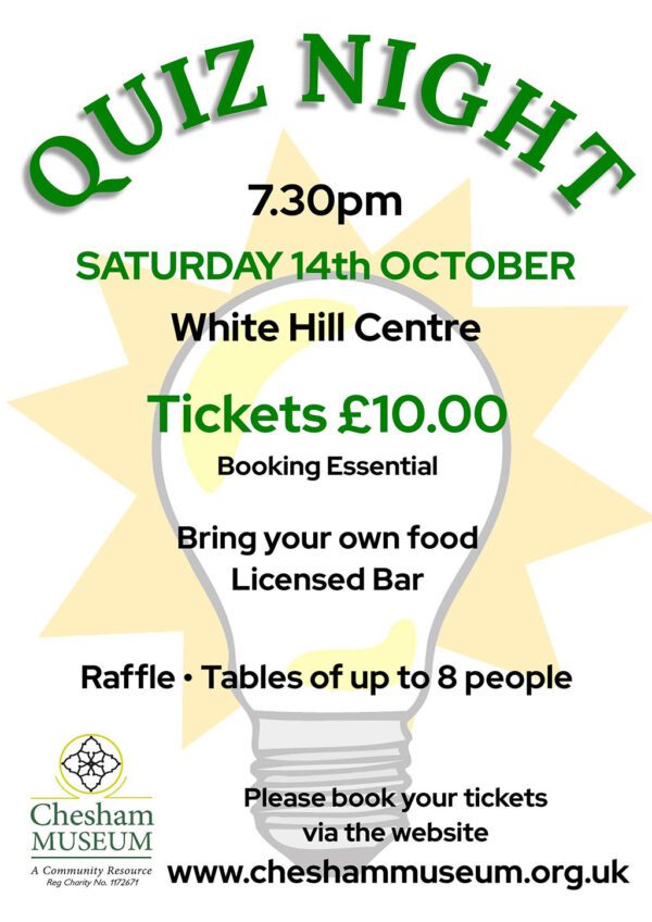 Poster for quiz night on Saturday 14 October at White Hill Centre tickets cost £10 tables up to 8 peopl