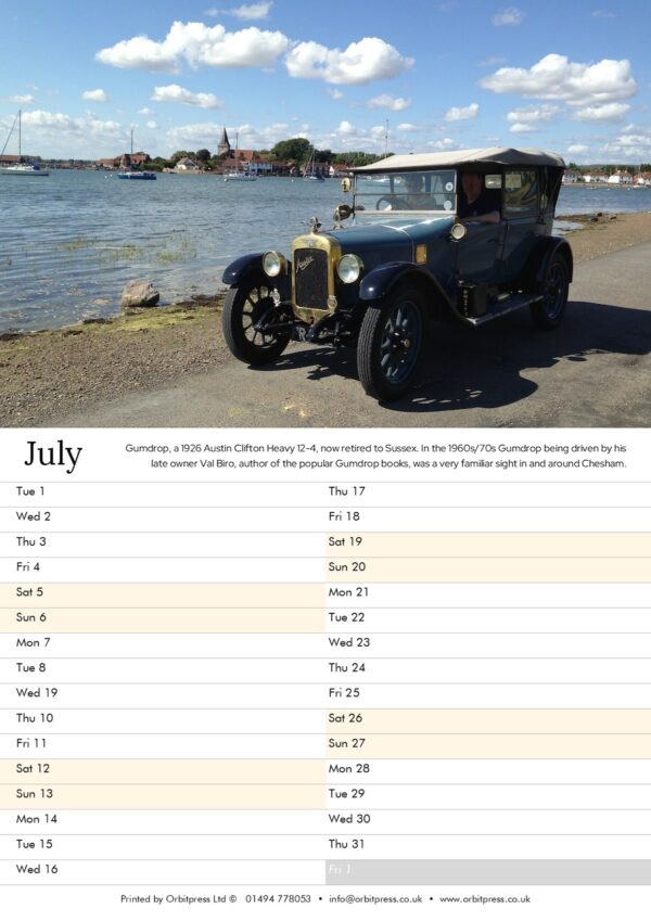 The image shows a colored photograph of a vintage 1926 Austin Clifton Heavy 12-4 car, known as "Gumdrop," parked near a waterfront with sailboats in the background under a partly cloudy sky. The car is black with brass fittings and a soft-top roof. A man is seated in the driver’s seat. Below the image is a July calendar for a year with dates and days of the week listed. A caption reads: "Gumdrop, a 1926 Austin Clifton Heavy 12-4, now retired to Sussex. In the 1960s/70s Gumdrop being driven by his late owner Val Biro, author of the popular Gumdrop books, was a very familiar sight in and around Chesham."