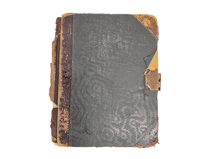 Mr Golding's log book front cover. It has a metal clasp on the right where the log book opens, copper coloured, and is quite work around the edges with the spine in poor condition.