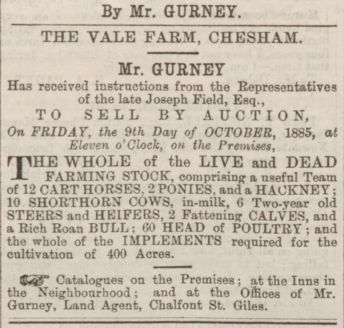 Advert announcing sale of The Vale Farm by auction on Friday 9th October 1885
