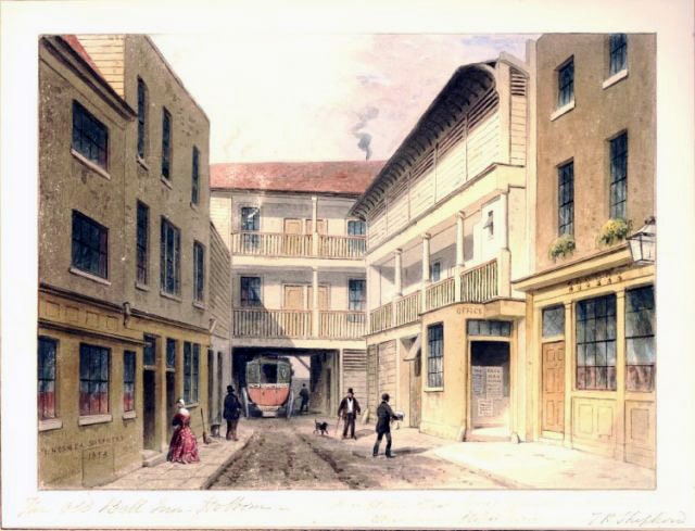 a coloured postcard showing the Bell & Crown Inn. People are walking on the road and footpath as the stagecoach travels through the passage below the building