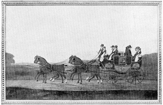 Black and white image of the Chesham Coach - there are 4 horses pulling it and passengers travelling on it.