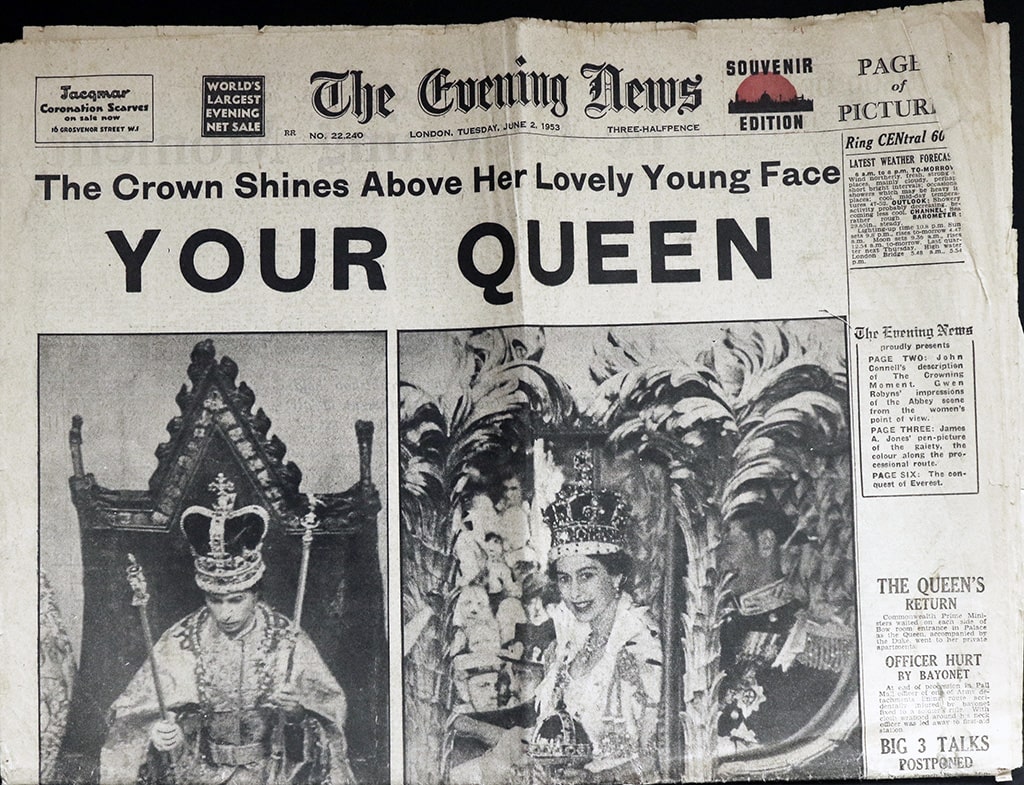 Front page of The Evening News. The headline reads: The Crown Shines Above Her Lovely Young Face Your Queen. It has two photographs of Queen Elizabeth II