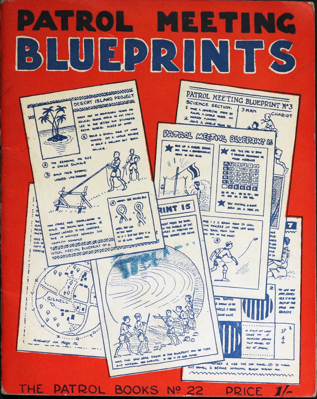 Front cover of Patrol Meeting Blueprints - The Patrol Books number 22. It shows examples of inner pages on the cover.