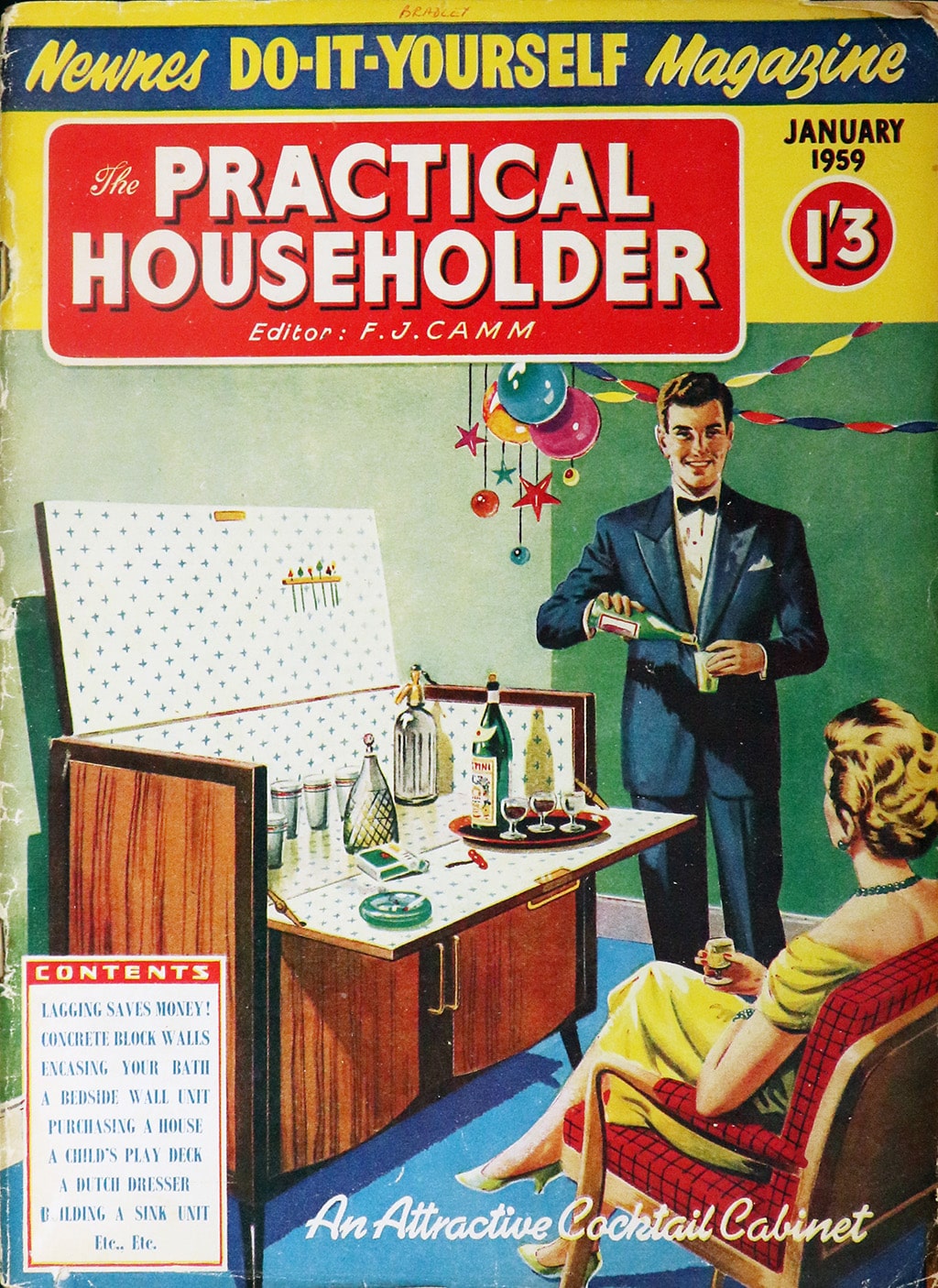 The Practical Householder front cover. It shows a man, standing, dressed in a suit pouring a drink from a bottle he took from a cocktail cabinet. A woman in a dress sits in a chair opposite him.
