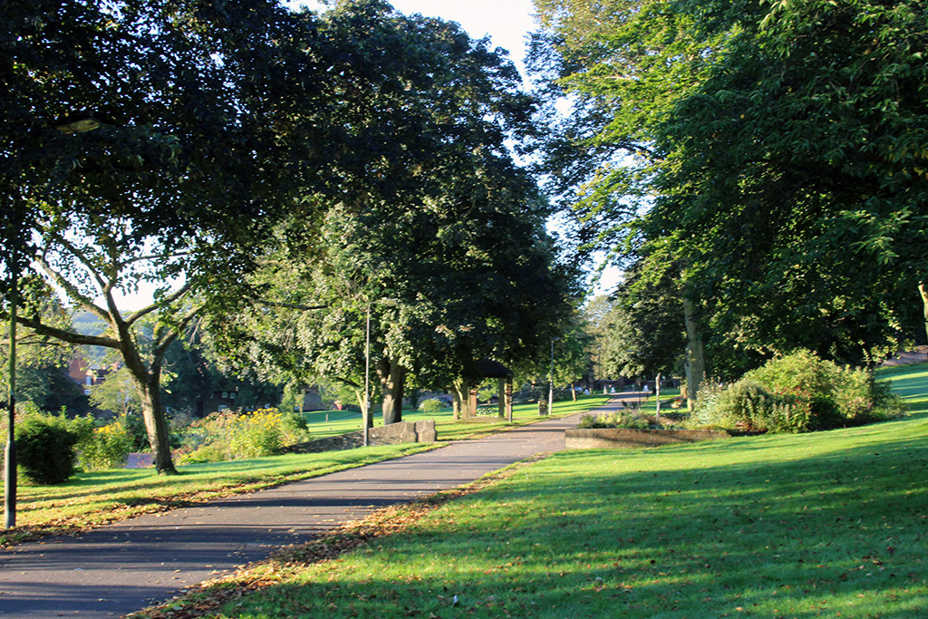 Photograph of a path through a grassy area lined by trees.