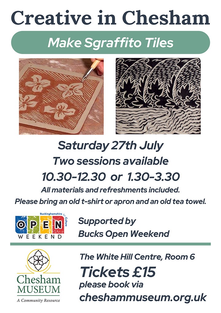 Poster advertising Sgraffito Tiles workshop as part of Creative in Chesham events