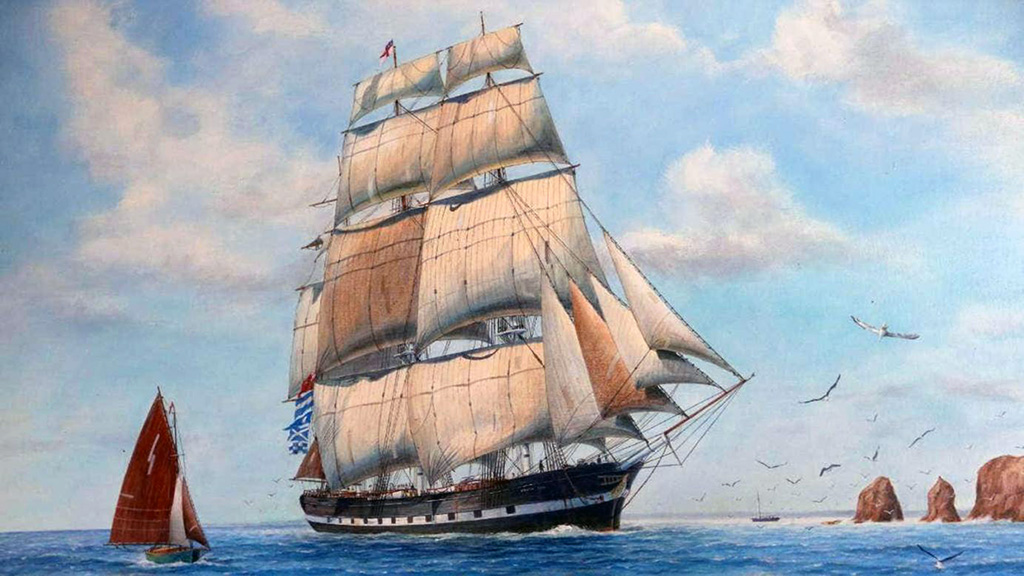 Illustration of The Edwin Fox at sea with a smaller vessel next to it.