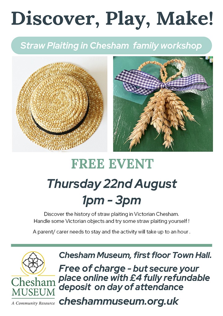 Poster for straw plaiting workshop showing examples of straw making