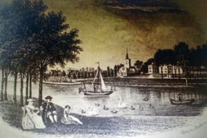 An antique illustration of a serene lakeside scene, featuring a sailboat on the water, swans swimming nearby, and two figures in period clothing sitting on the grassy shore under a cluster of trees. In the background, a village with a prominent church steeple is visible, with additional buildings surrounded by trees.