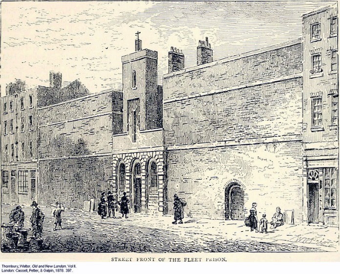 A historical illustration depicting the street front of the Fleet Prison in London. The image shows a large, imposing stone building with arched doorways and high walls. Several people are gathered in front of the building, including men in top hats and women in bonnets, suggesting a scene from the 18th or 19th century. The street is lined with smaller buildings, and the overall atmosphere is somber, reflecting the nature of the prison.