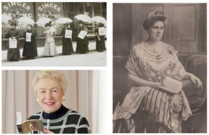 Some of the women of Chesham: top left shows 6 women in a black and white photo in front of a shop window that says Singer; bottom left a women holding a book and on the right a black and white photo of a women seated holding an open book