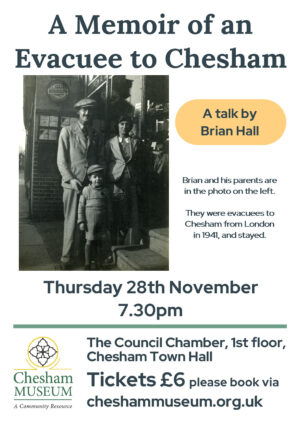 Poster advertising the talk A memoir of an evacuee to Chesham by Brian Hall